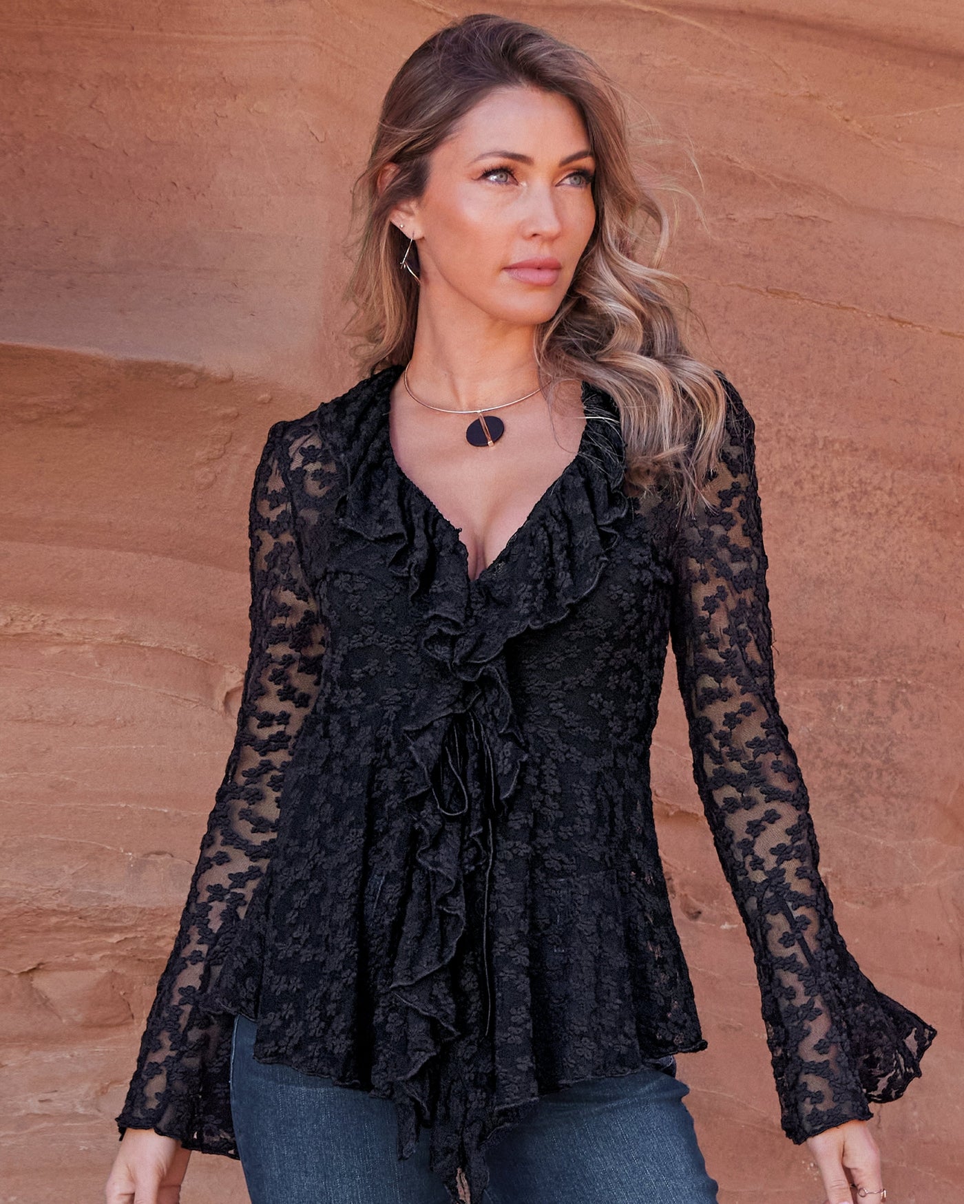 Lace Knit Ruffle Tunic Black