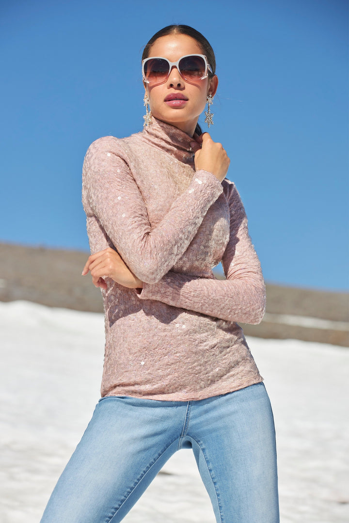 Sequin Knit Turtleneck Top Mauve