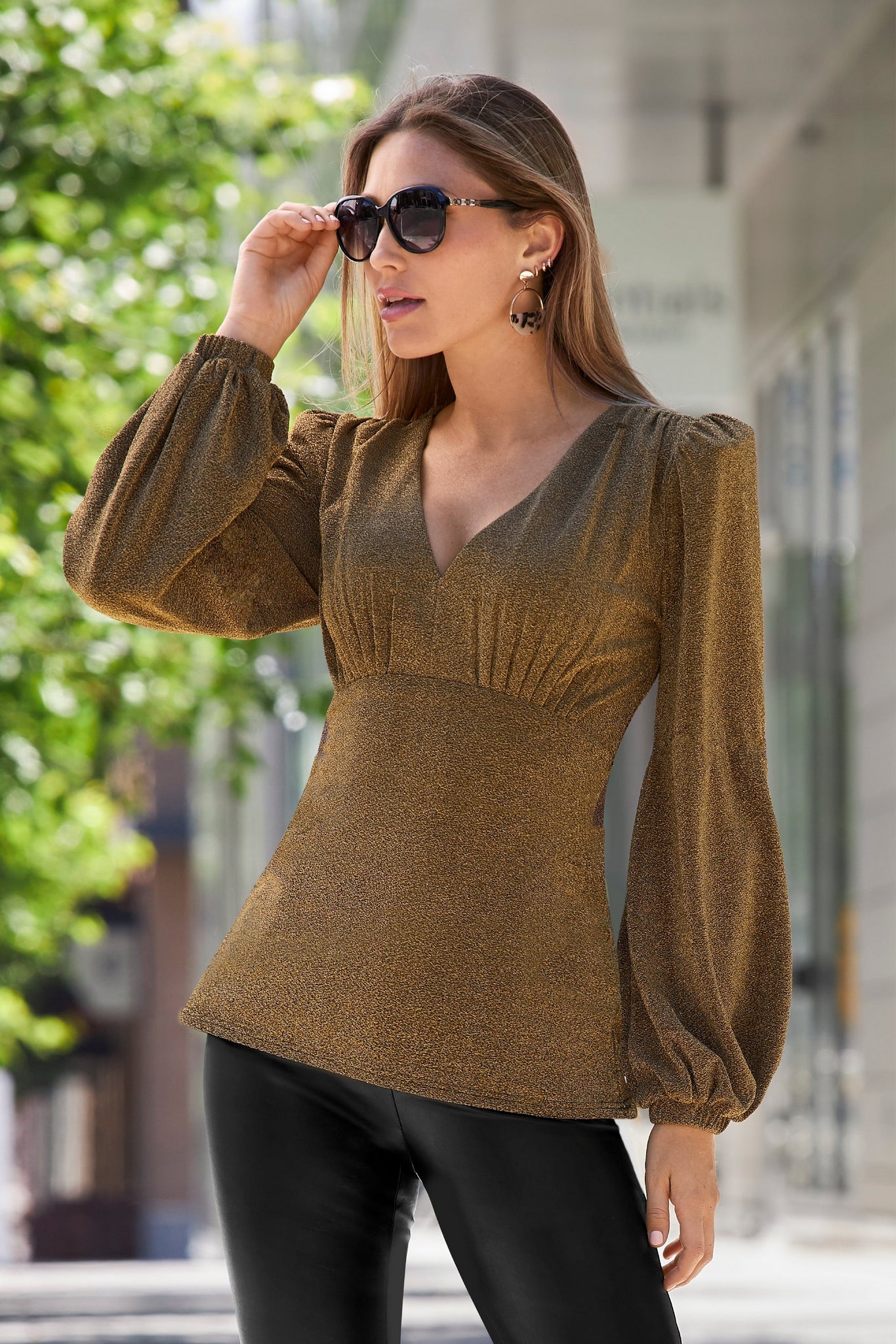 Shimmer Puff Sleeve Plunge Top Copper