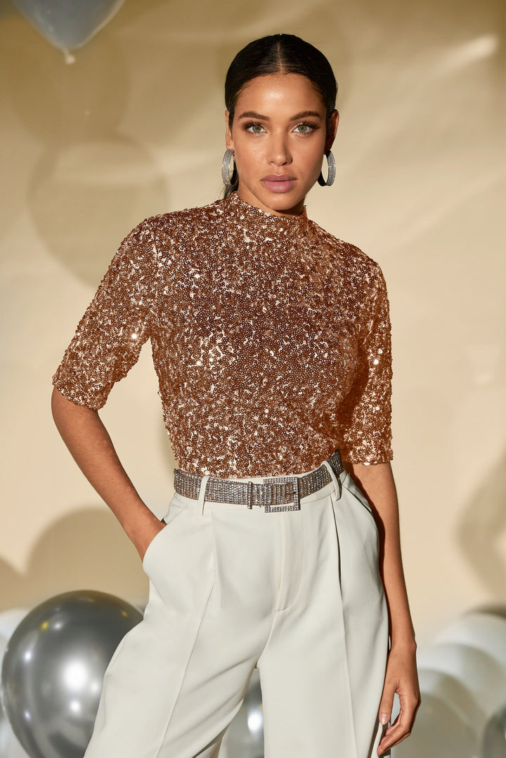Sequin Mock Neck Elbow Sleeve Top Rose Gold