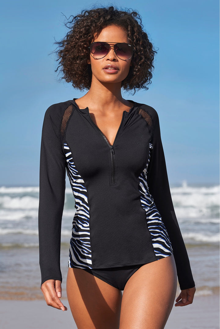 Swim Sense Ocean Zebra Printed Rashgaurd Deep Ocean/Black
