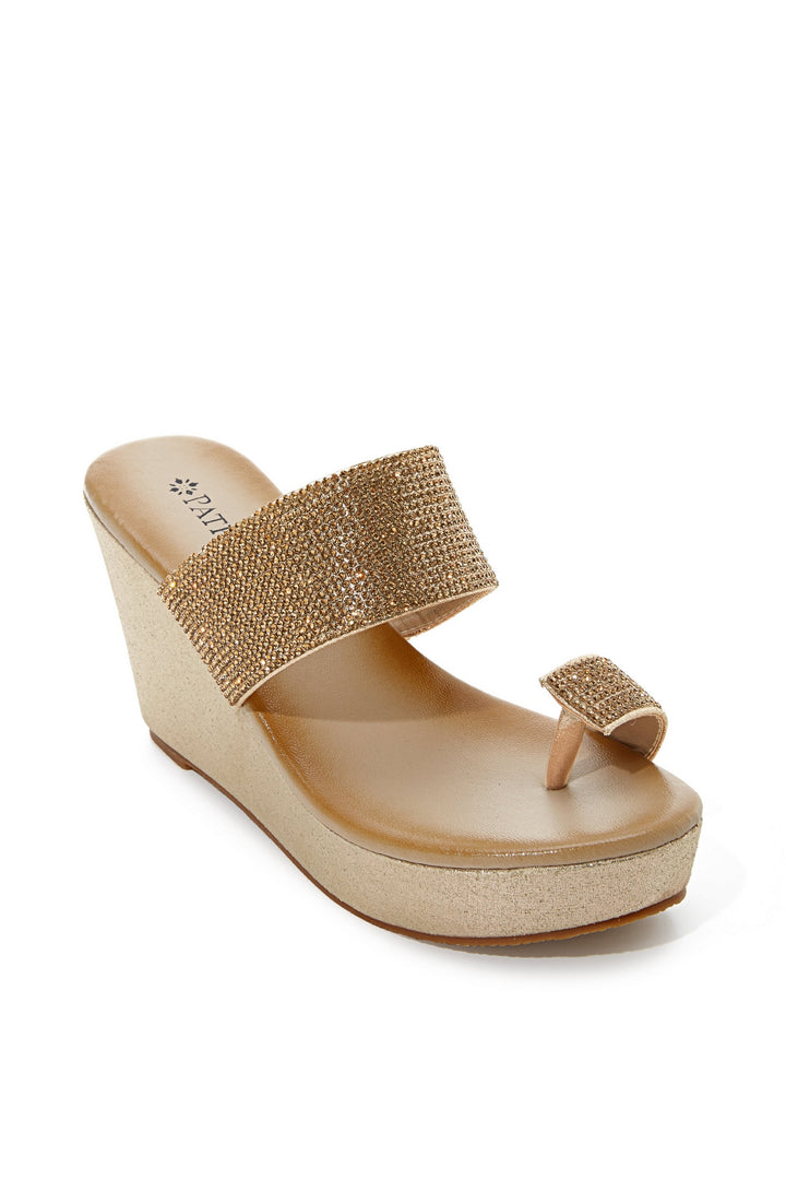 Gold Embellished Toe Ring Wedge Sandal Gold