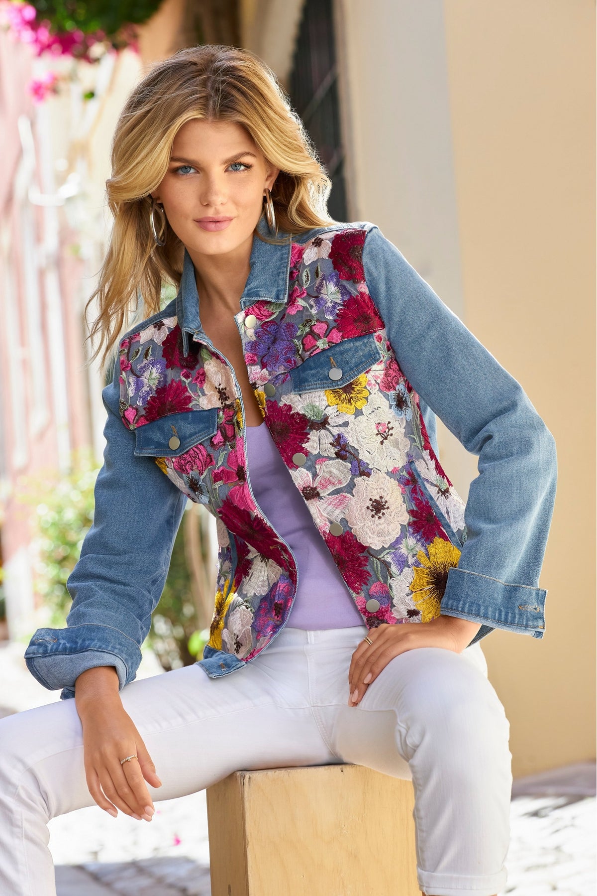 Floral Gardens Embroidered Denim Jacket Light Wash