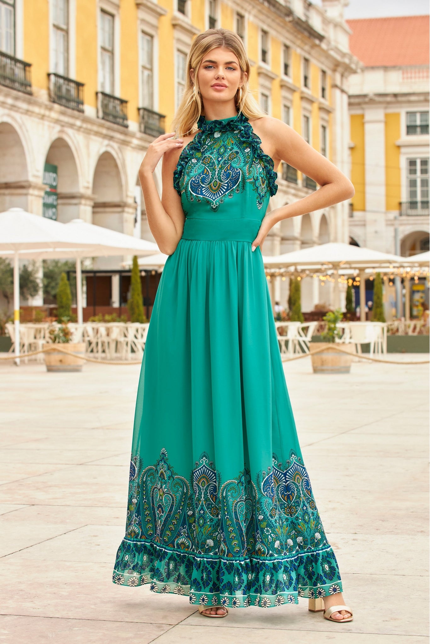 Paisley Print Ruffle High Neck Maxi Dress Blue Multi