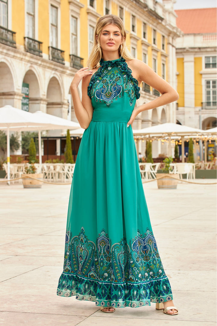 Paisley Print Ruffle High Neck Maxi Dress Blue Multi