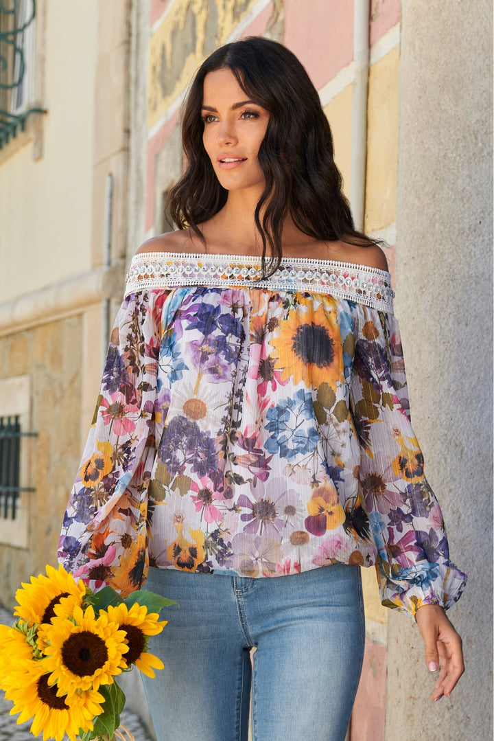 Embellished Floral Print Off The Shoulder Blouse White Multi