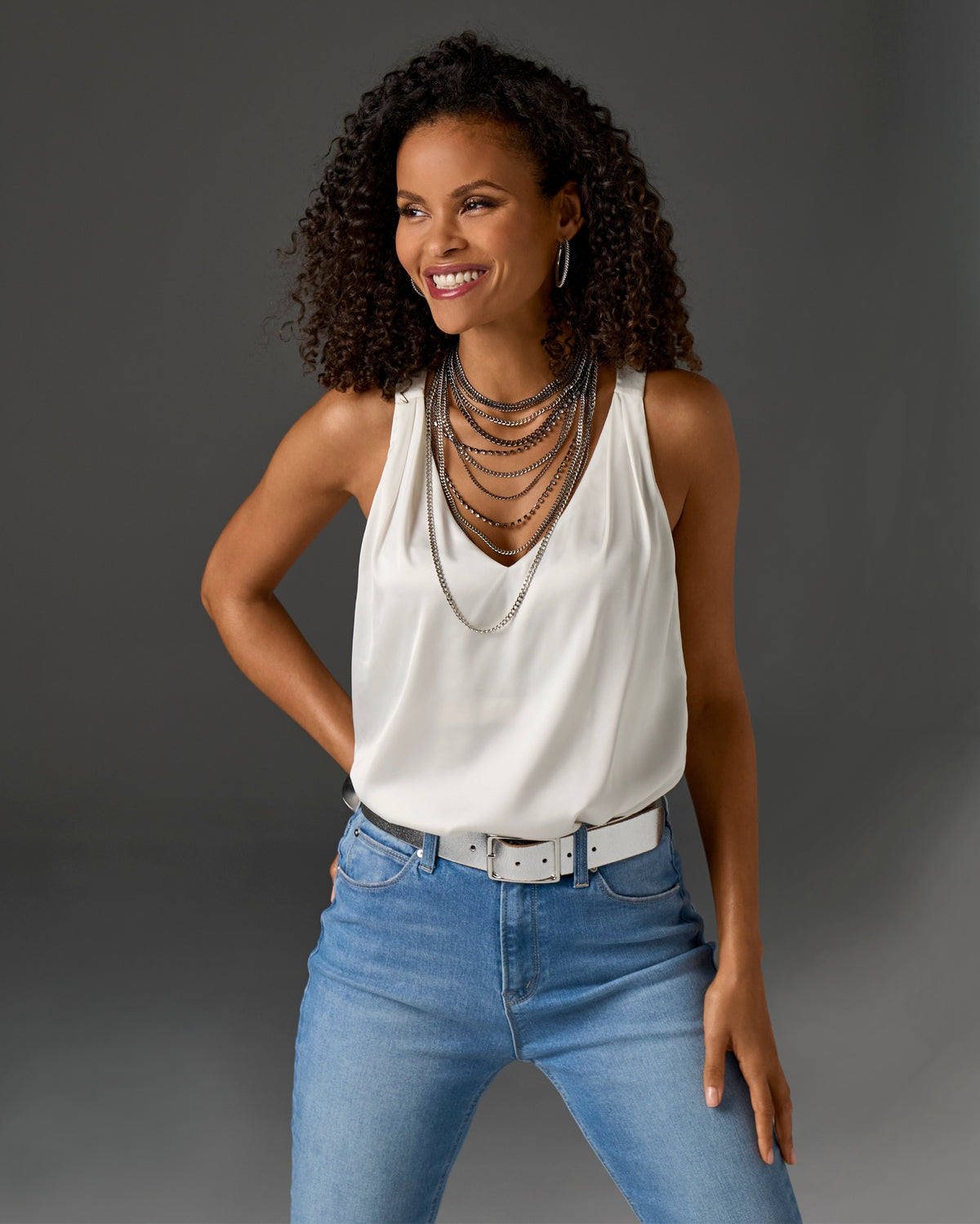 Nikki V-Neck Charmeuse Blouse Off White