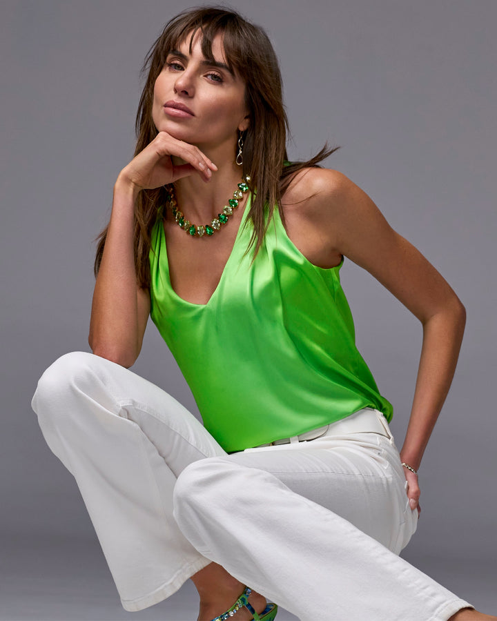 Nikki V-Neck Charmeuse Blouse Neon Green