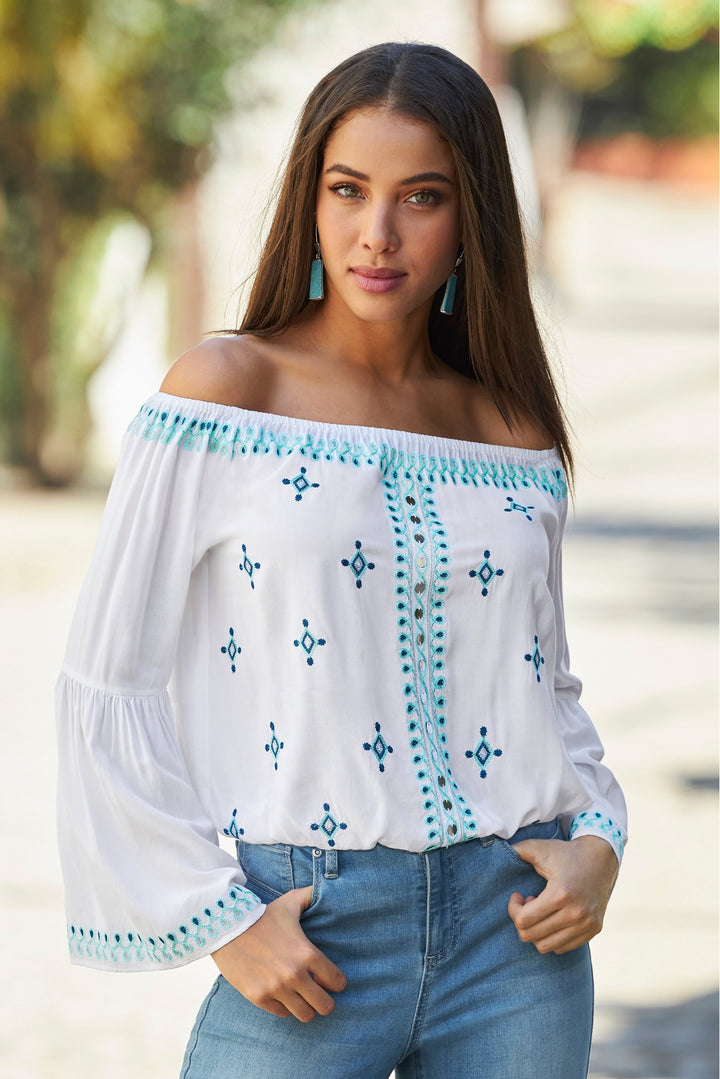 Mirror Embellished and Embroidered Off The Shoulder Top White/Blue