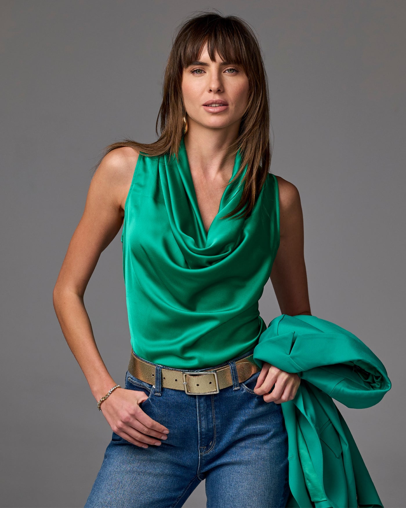 Marilyn Cowl-Neck Charmeuse Blouse Parakeet