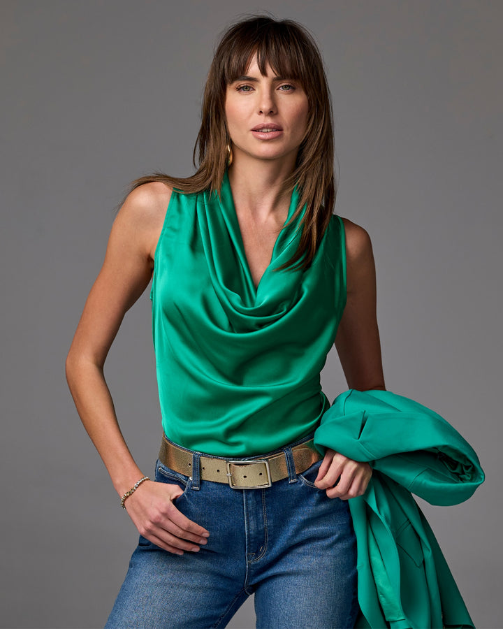 Marilyn Cowl-Neck Charmeuse Blouse Parakeet