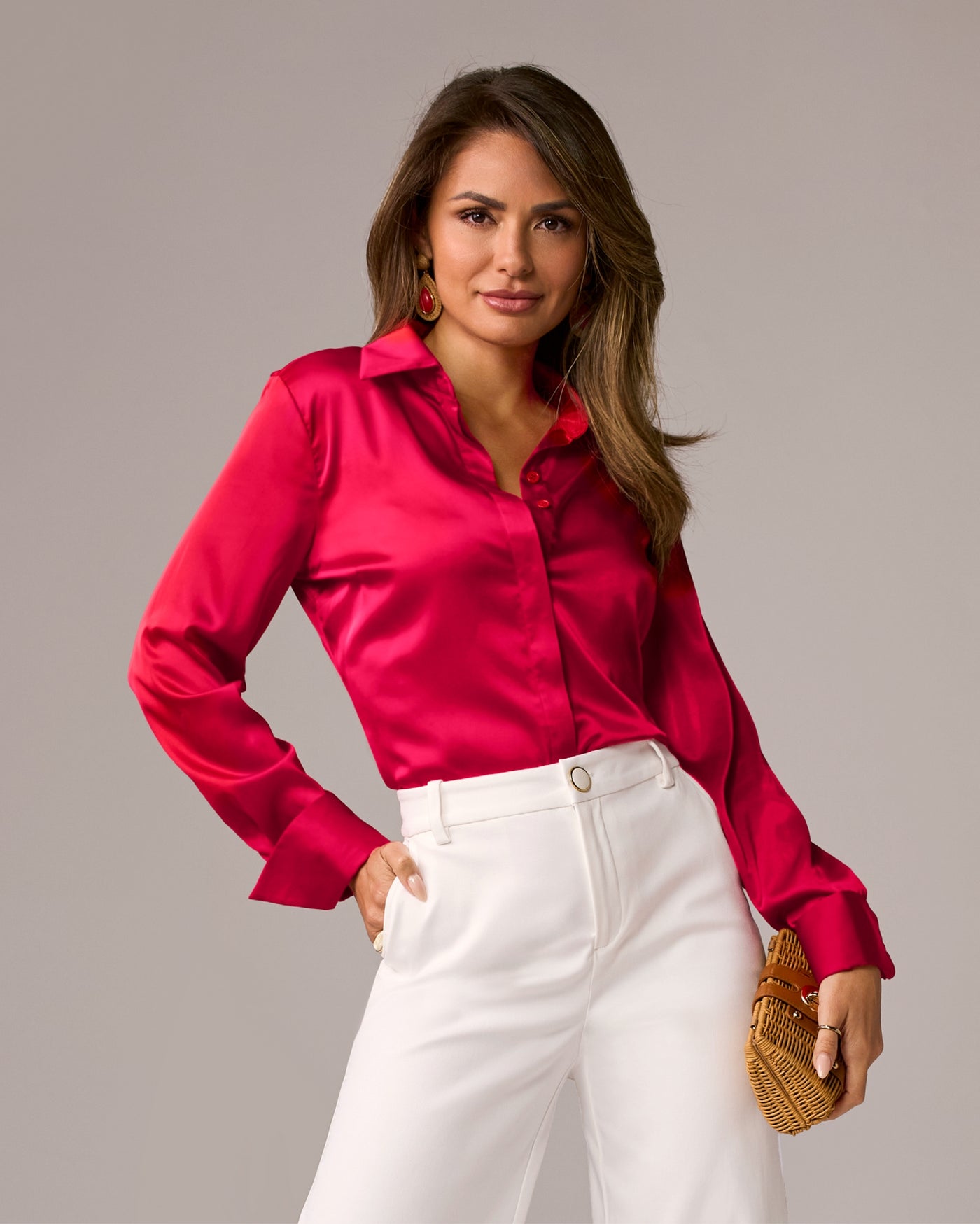 Sophia Button-Up Charmeuse Blouse Tomato Red