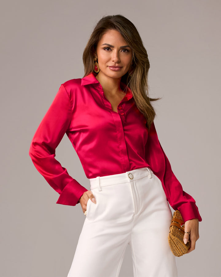 Sophia Button-Up Charmeuse Blouse Tomato Red