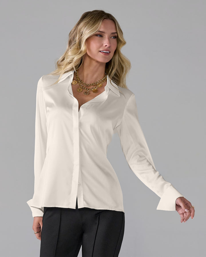Sophia Button-Up Charmeuse Blouse Off White