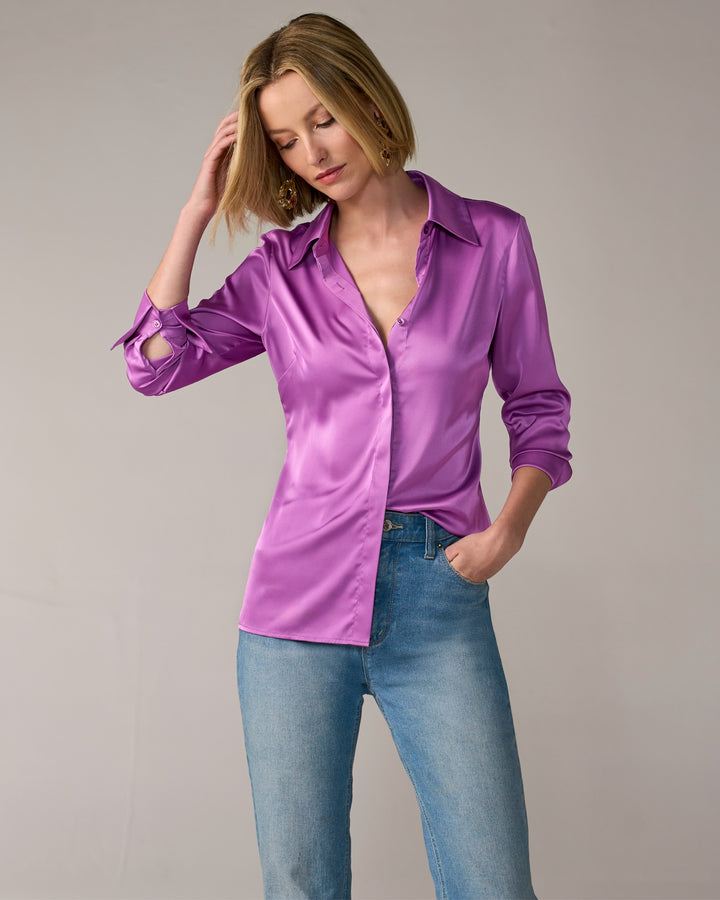 Sophia Button-Up Charmeuse Blouse Purple Cactus Flower
