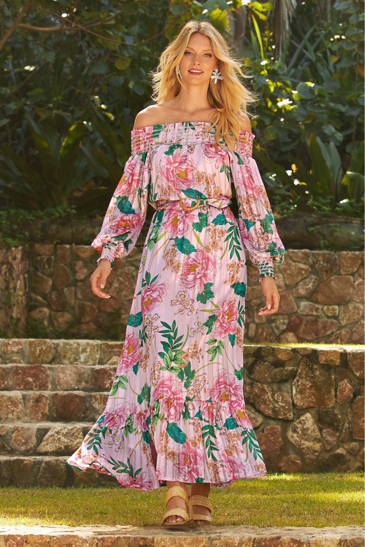 Floral Blooms OTS Belted Maxi Dress Pink Multi