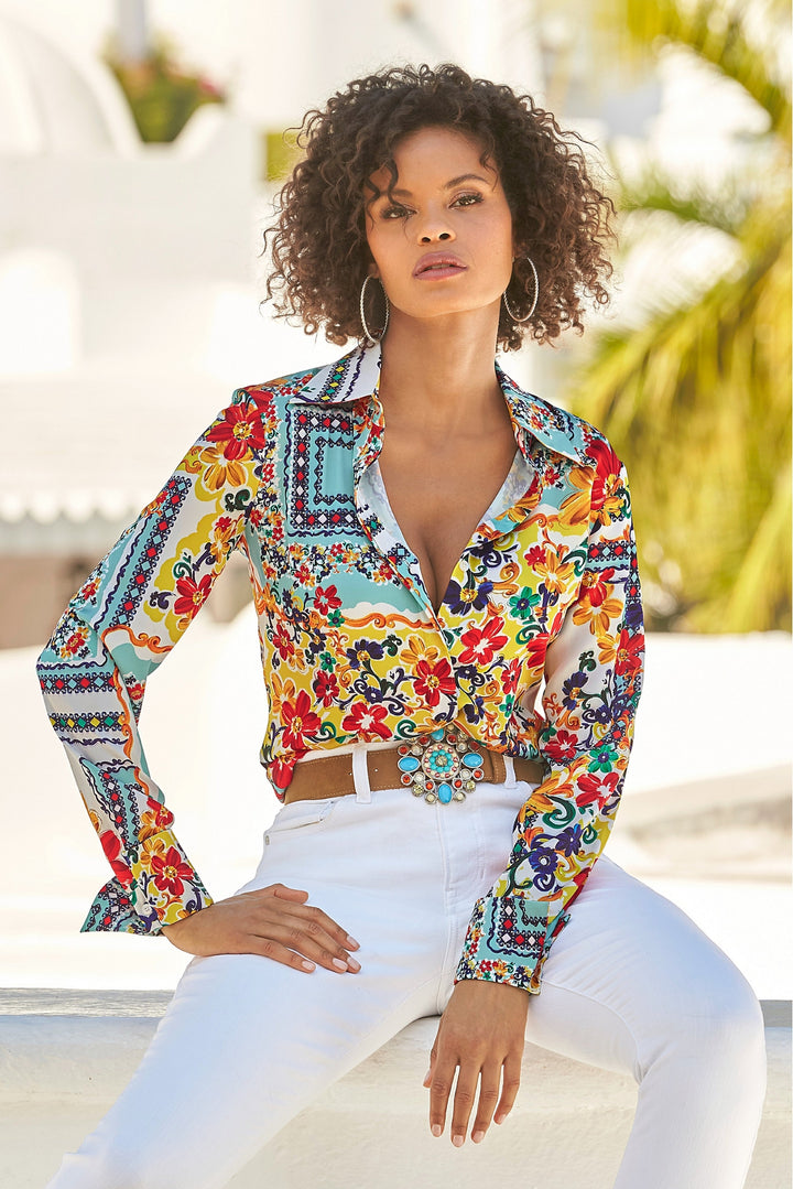 La Dolce Scarf Print Sophia Button Up Charmeuse Blouse Multi