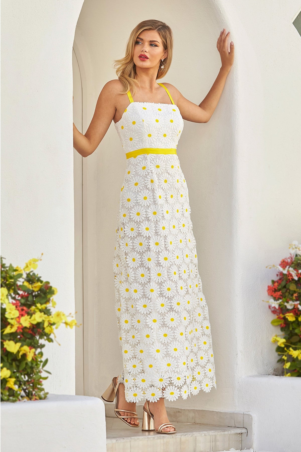 white with yellow flowers dress Daisy Lace Maxi White/Yellow Swatch:#CCADD2 Colors 3714 Fitted Long she flaunts a pointed Style:SCH2402