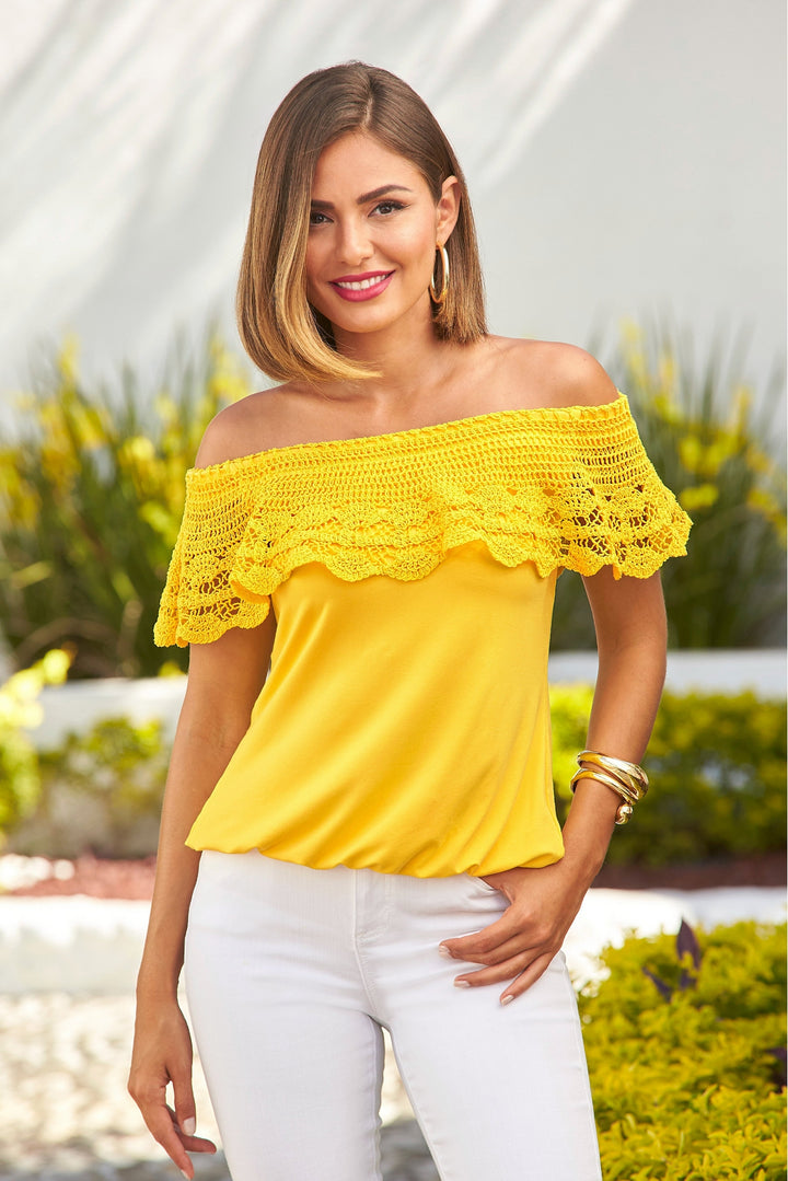 Crochet Overlay Off the Shoulder Knit Top Lemon Drop