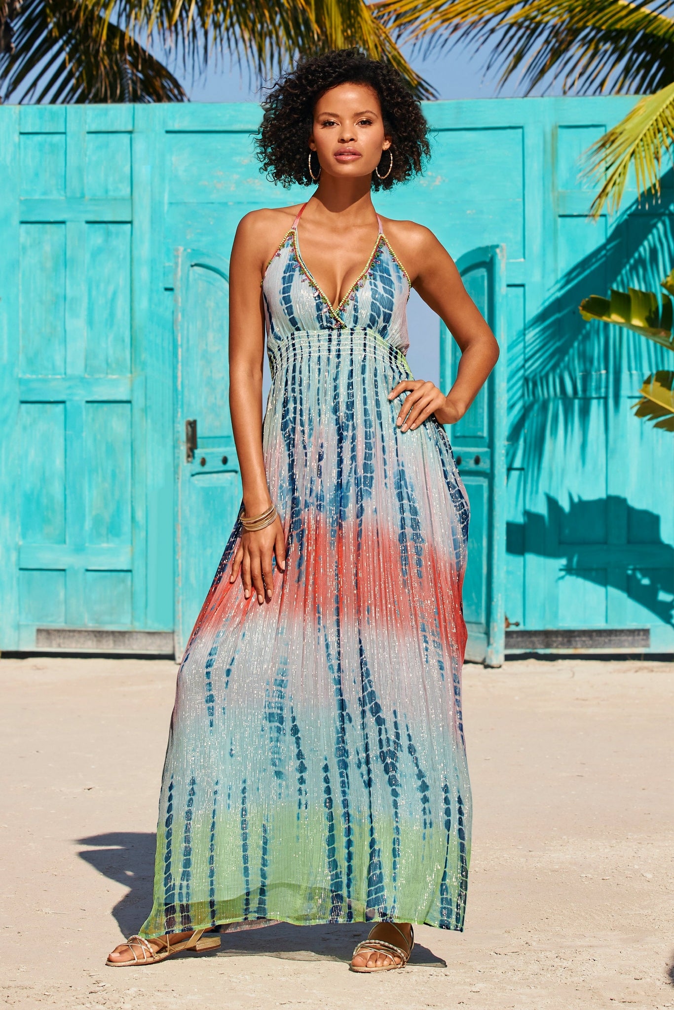 Tie Dye Print Embellished Maxi Dress