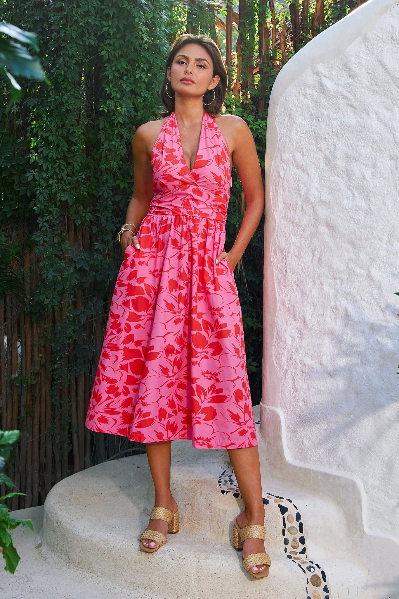 Cabana Floral Halter Fit and Flare Pink Multi