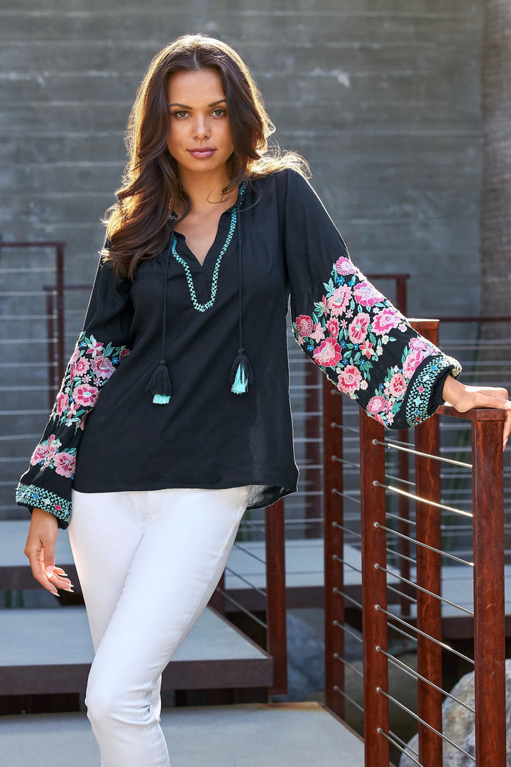 Embroidered Balloon Sleeve V Neck Blouse Black Multi