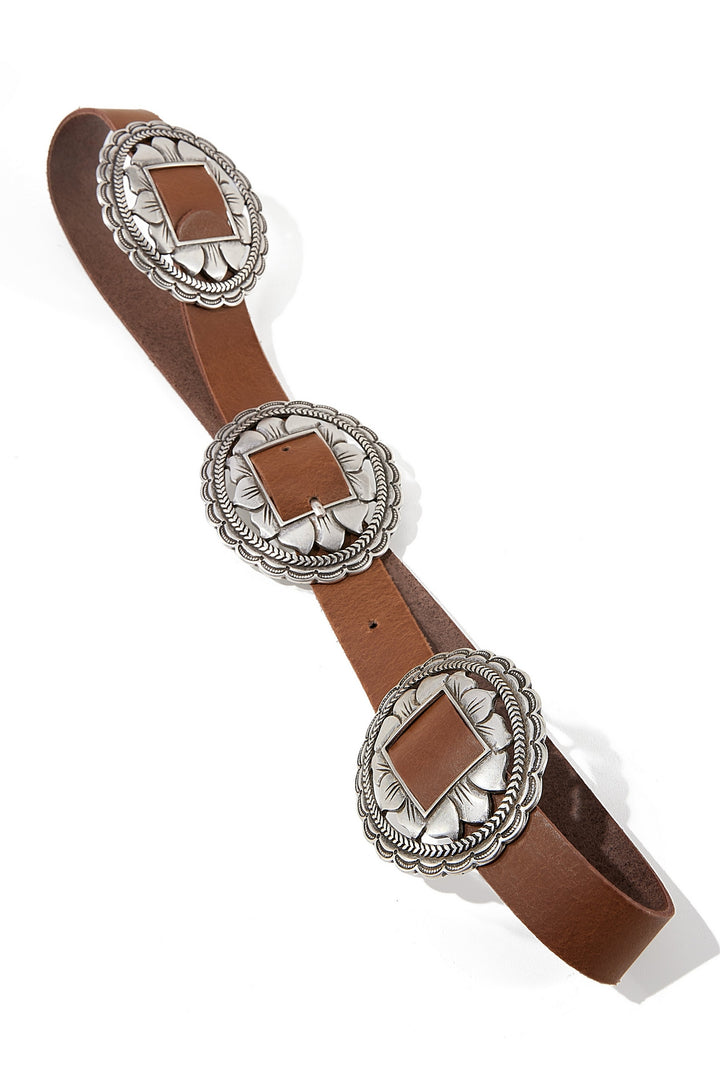 Multi Metal Ring Leather Belt Brown