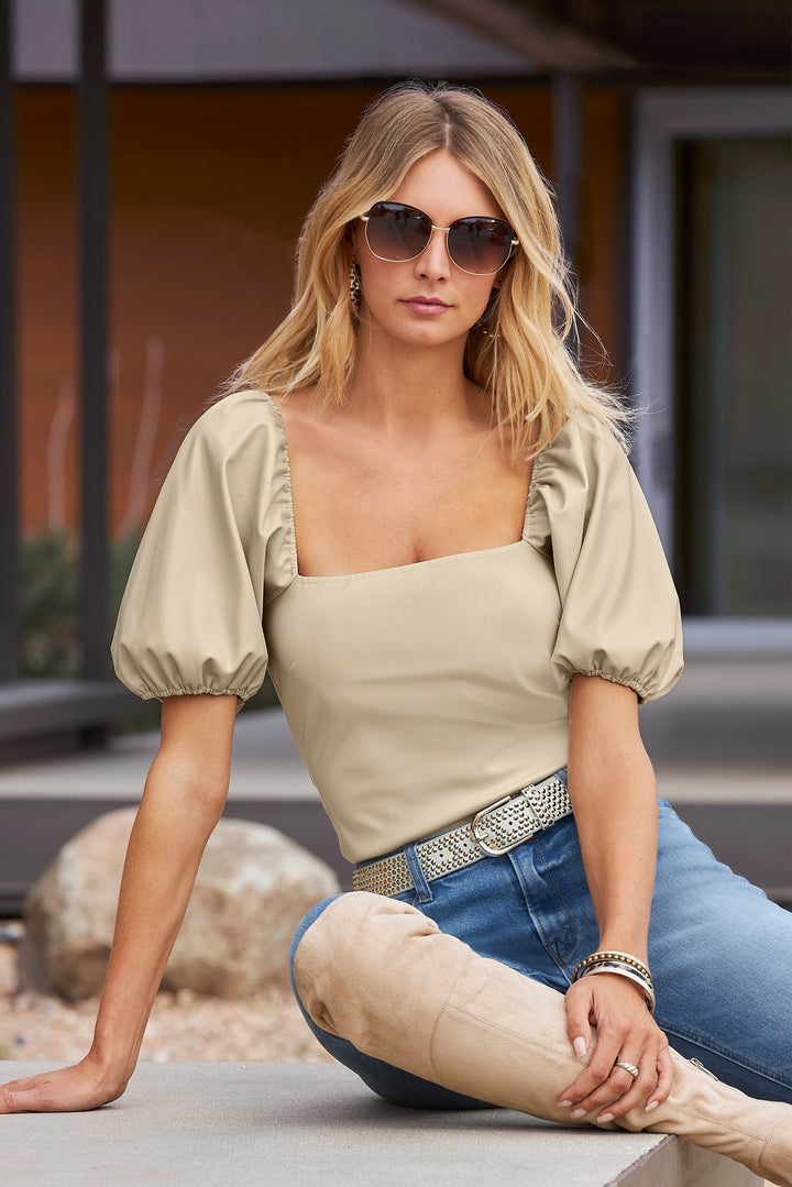Faux Leather Square Neck Puff Sleeve Top Stone