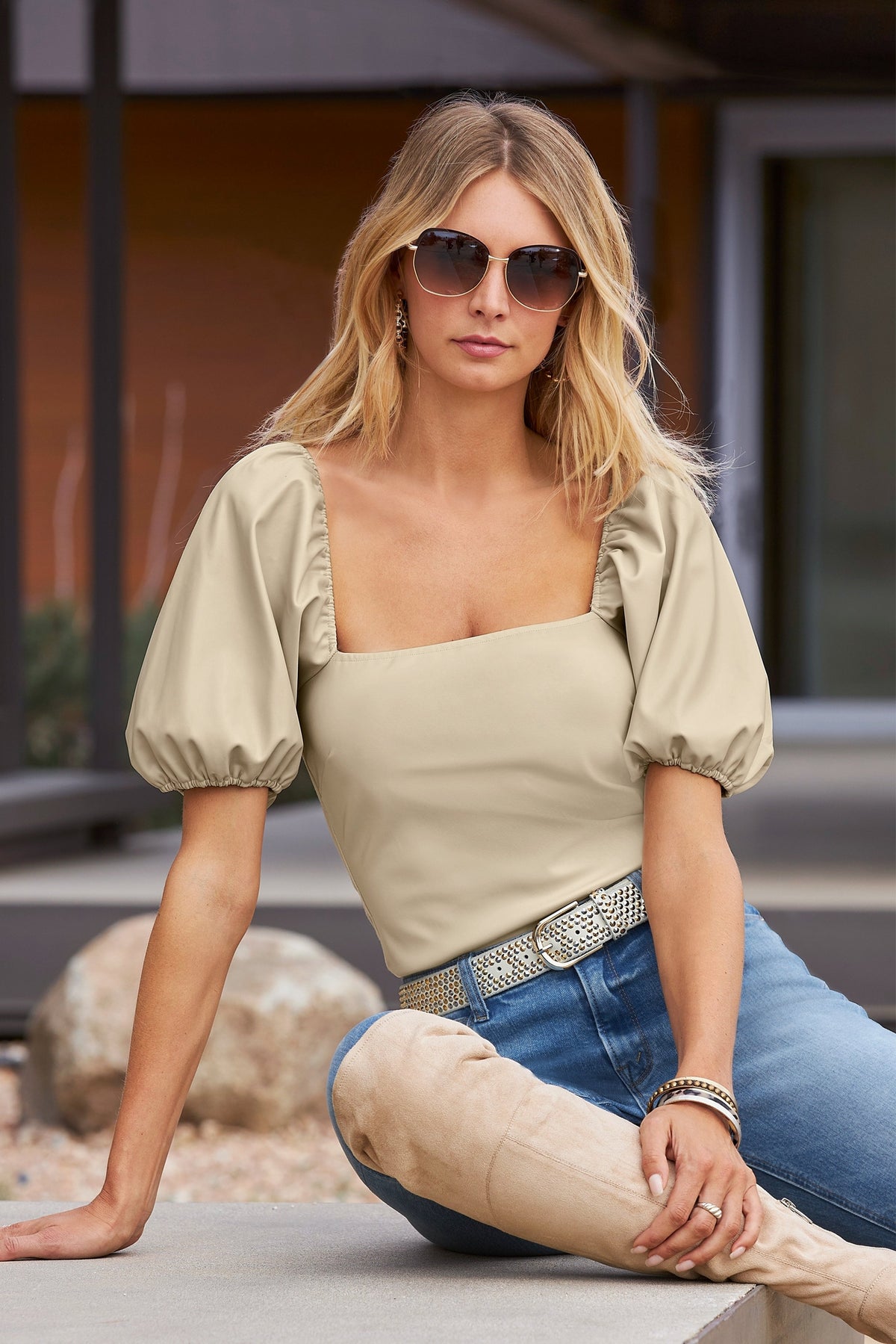 Faux Leather Square Neck Puff Sleeve Top Stone