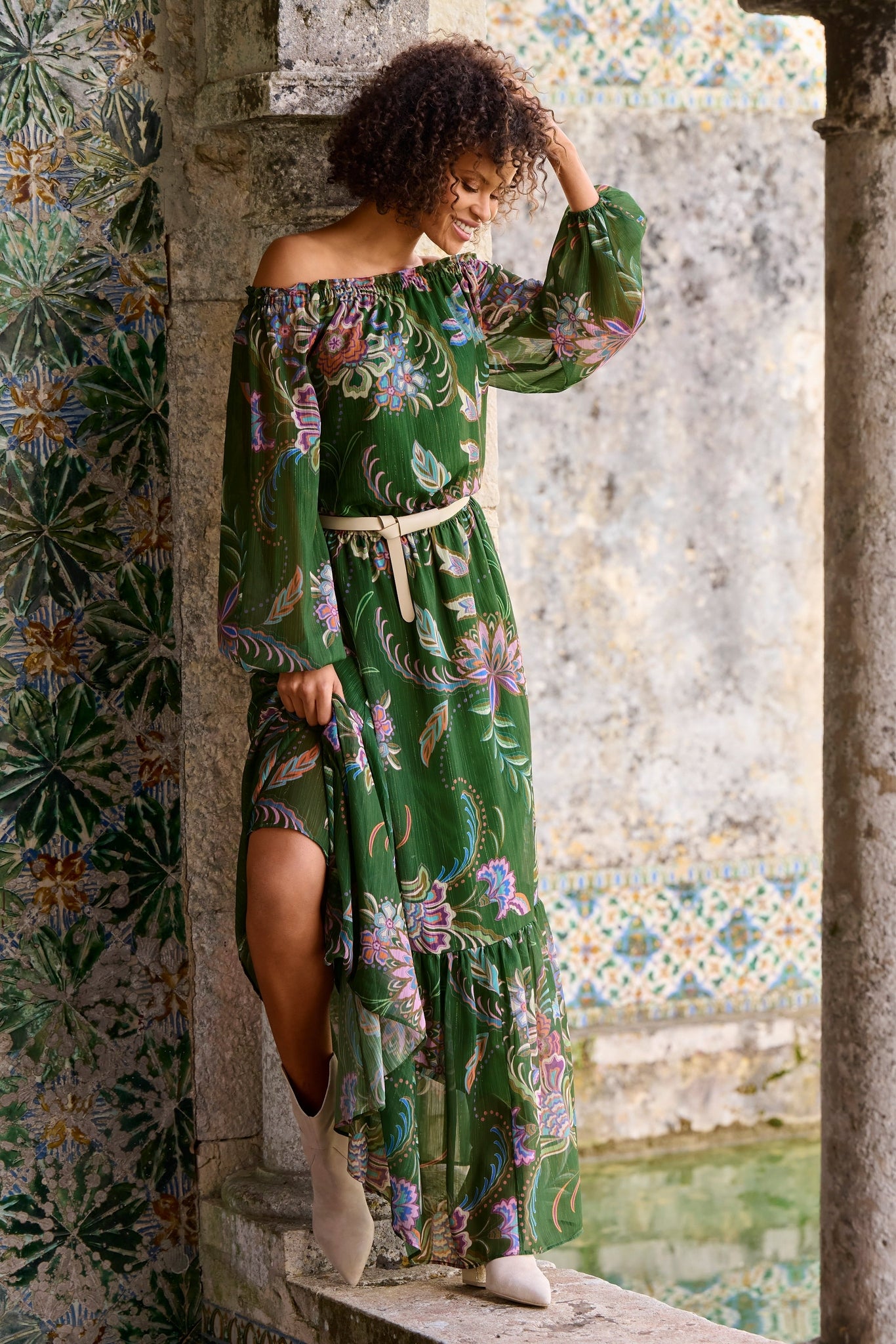 OTS Scrolling Fleurs Tiered Maxi Green