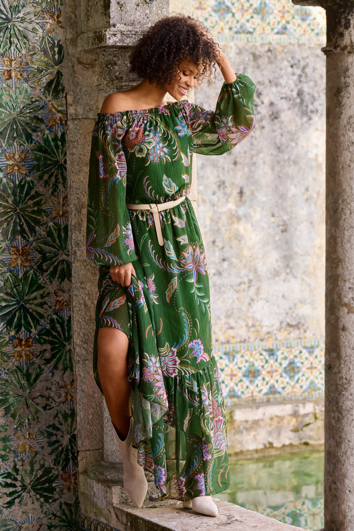 OTS Scrolling Fleurs Tiered Maxi Green