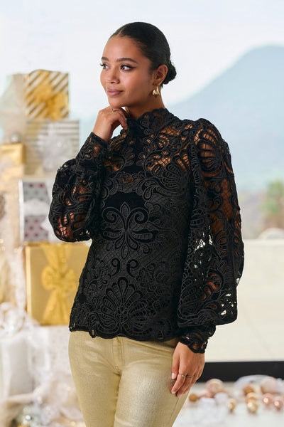 Velvet Lace Mock-Neck Long-Sleeve Blouse - Black | Boston Proper