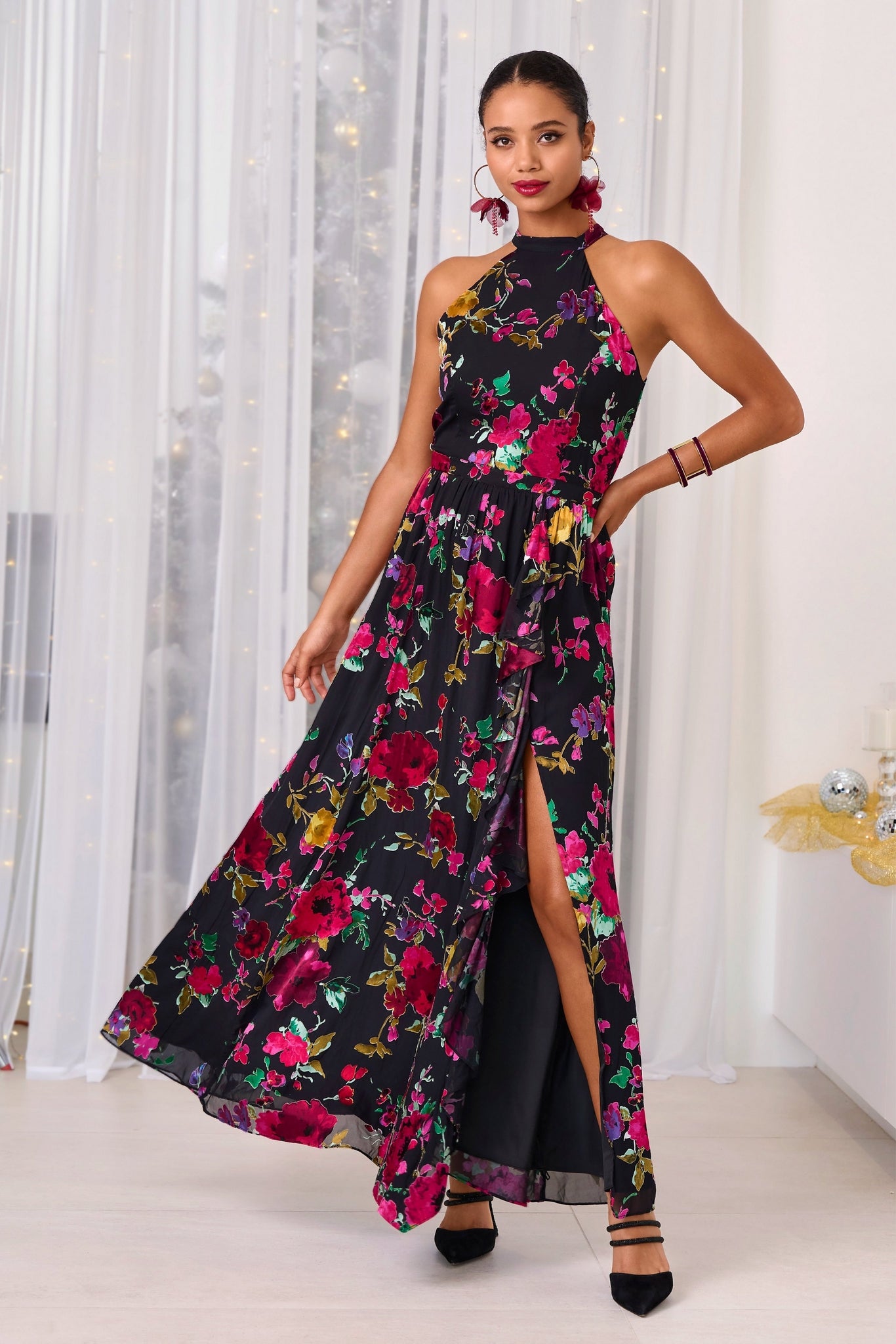 Floral Ruffle Burnout Gown Multi