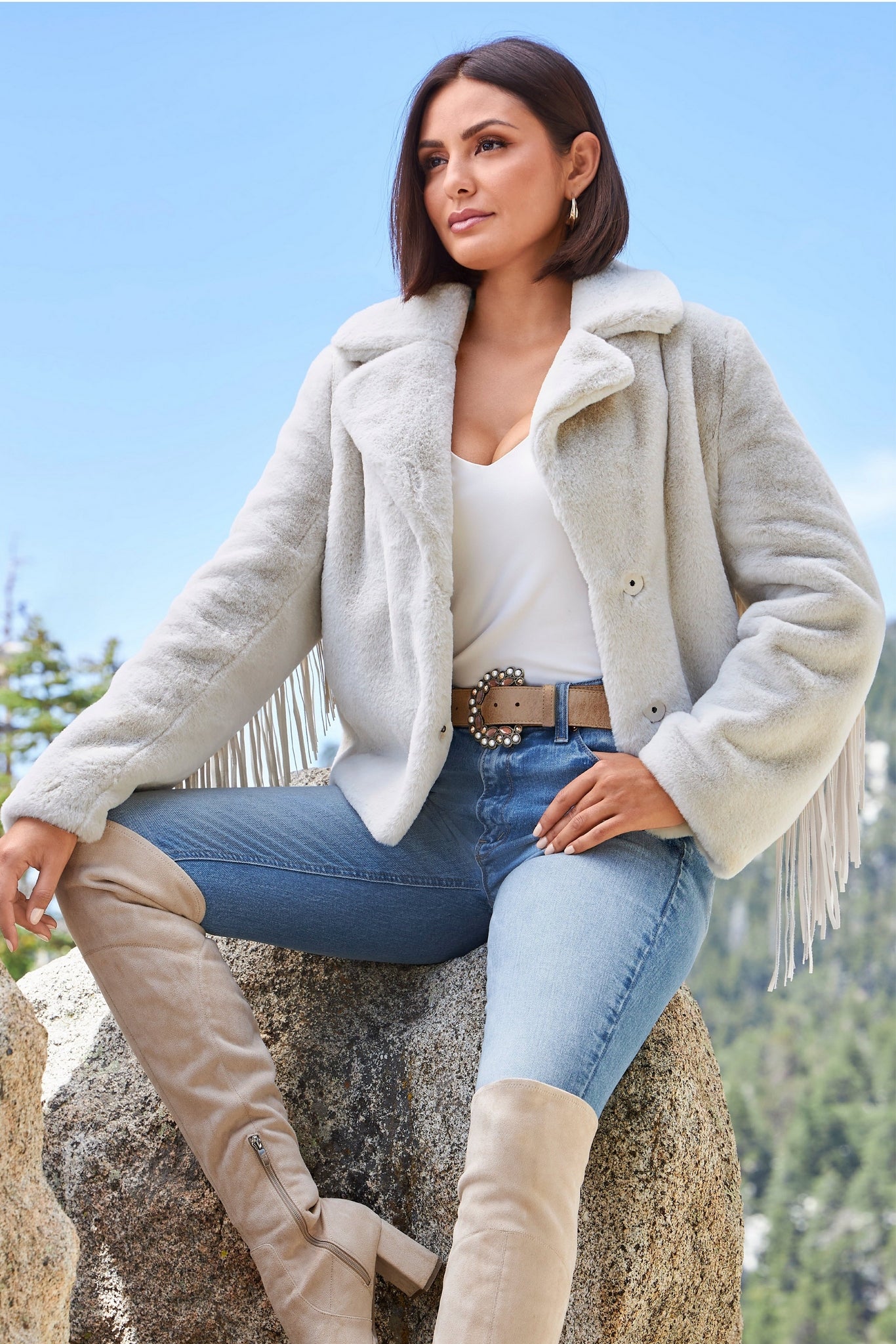 Fringe Faux-Fur Chubby Jacket Sea Salt