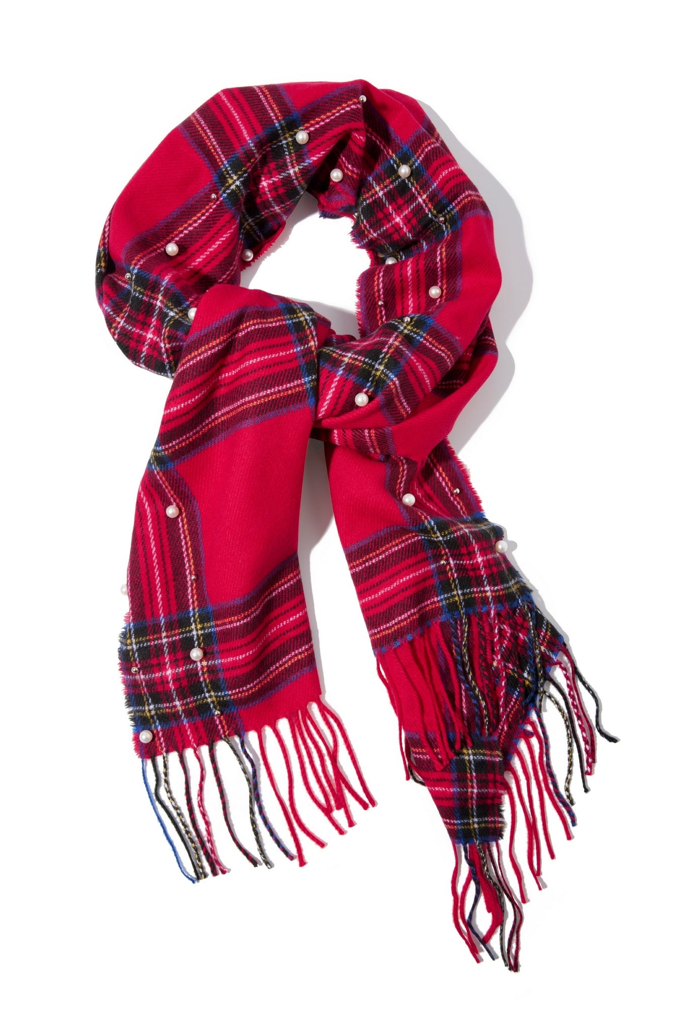 Plaid and Pearl Scarf Red Multi