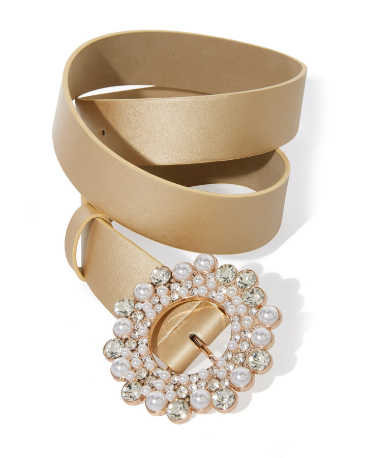 Pearl Embellished Metallic Belt Gold