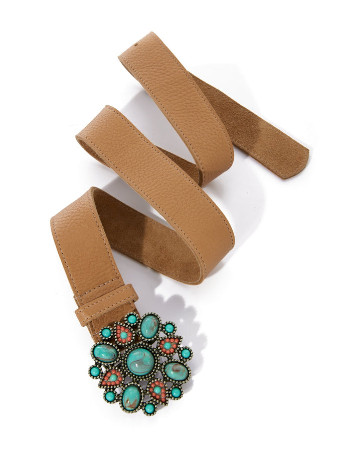 Turquoise Sunburst Buckle Belt Tan