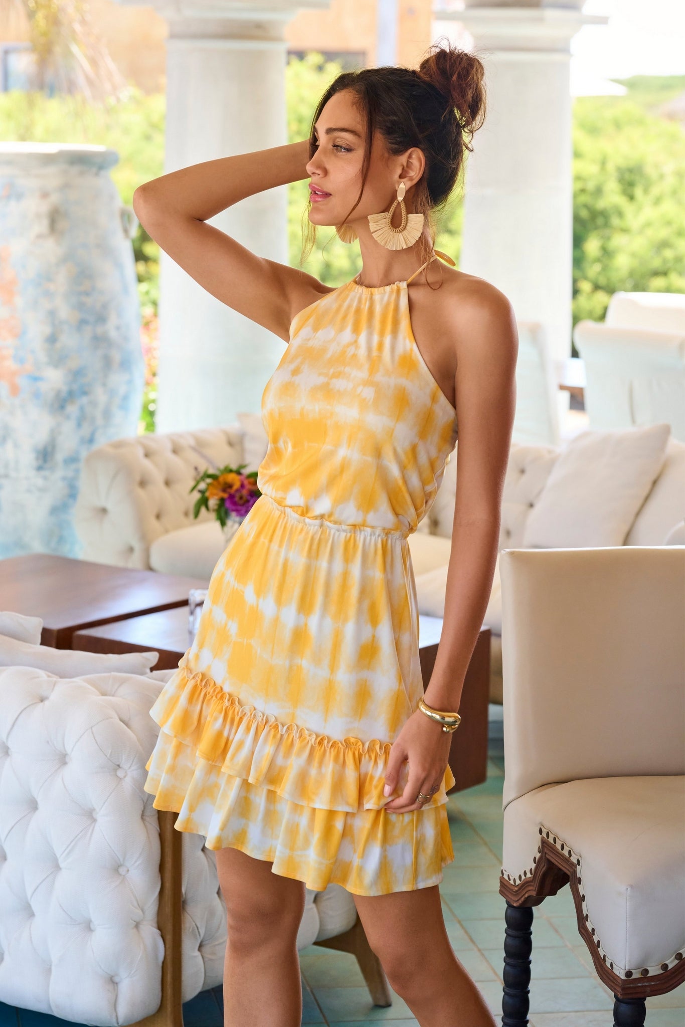 Golden Dye Print Cinch-Waist Ruffle Dress Yellow