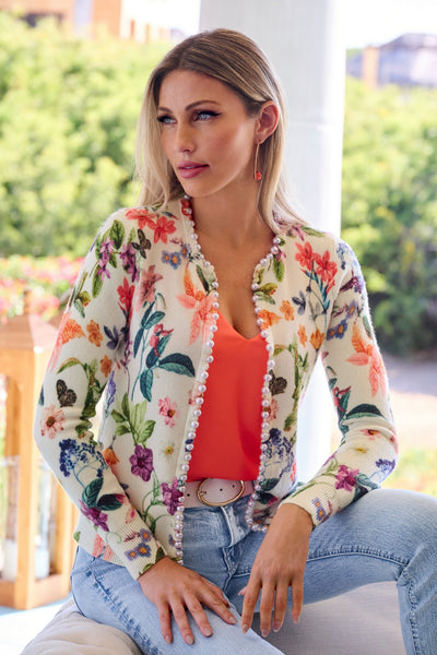 Floral Pearl Trim Cardigan - White Multi | Boston Proper
