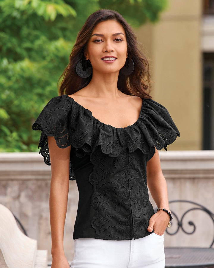 Eyelet Ruffle Zip-Up Top Black