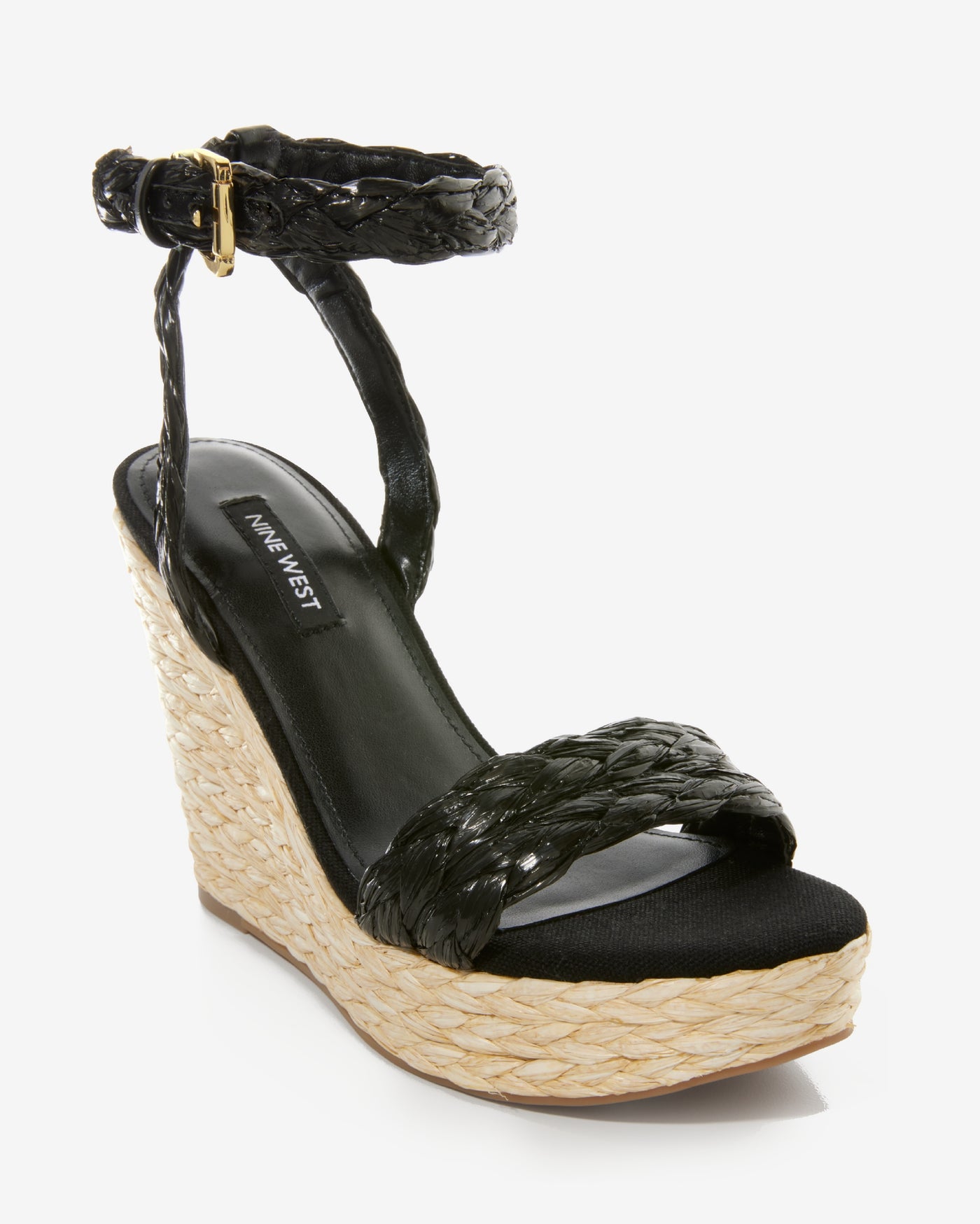 Raffia Wedge Ankle-Strap Sandal Black