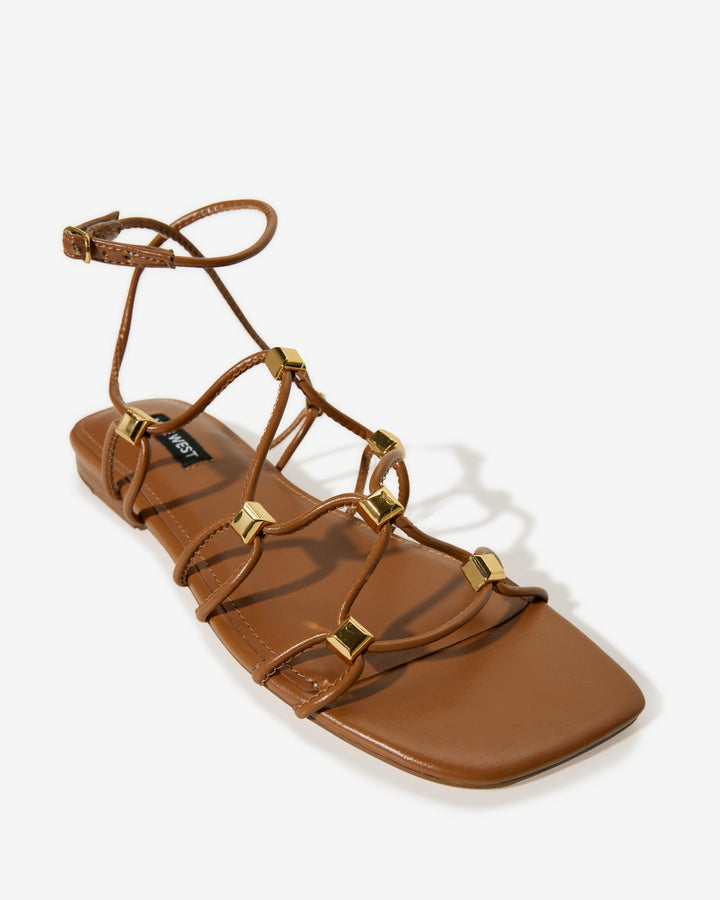 Lace-Up Flat Studded Sandal Cognac