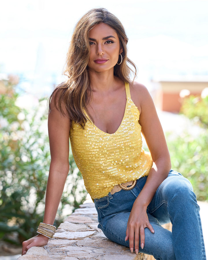 Sequin V-Neck Sweater Tank Lemon Drop