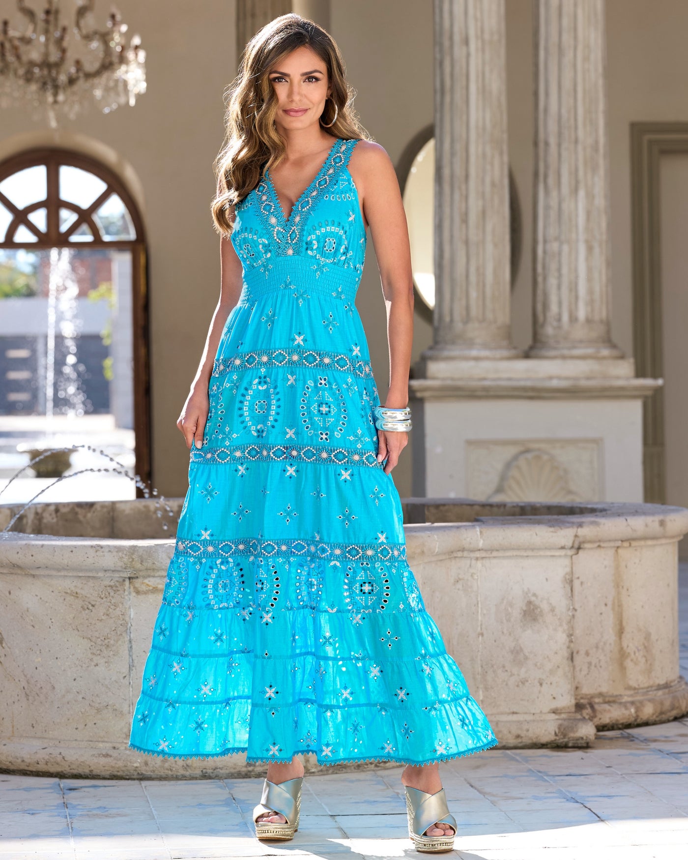 Metallic Lace-Inset Eyelet Maxi Dress Bachelor Button