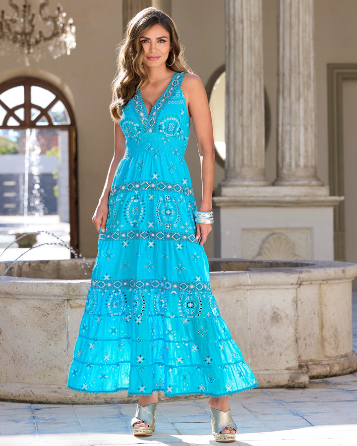 Metallic Lace-Inset Eyelet Maxi Dress Bachelor Button