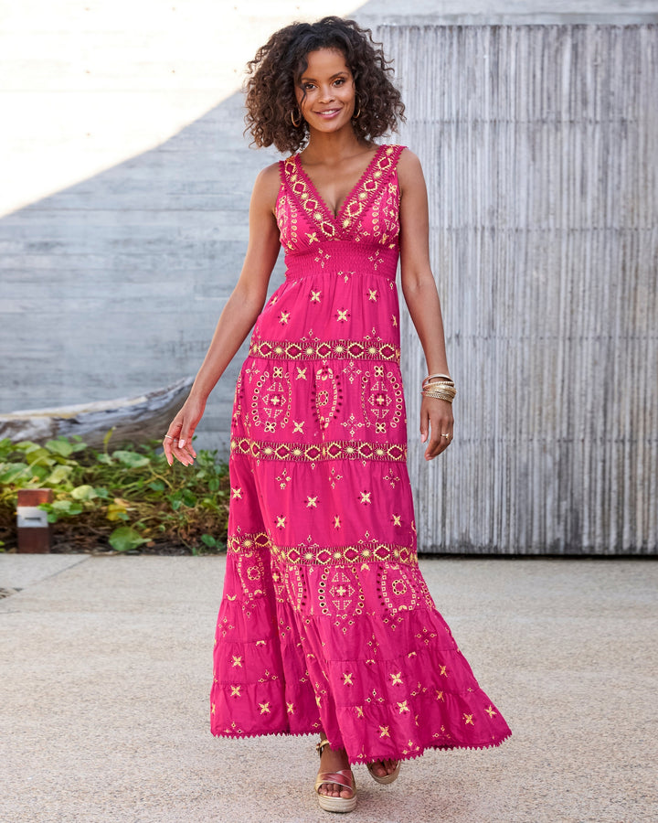 Metallic Lace-Inset Eyelet Maxi Dress Pink/Gold