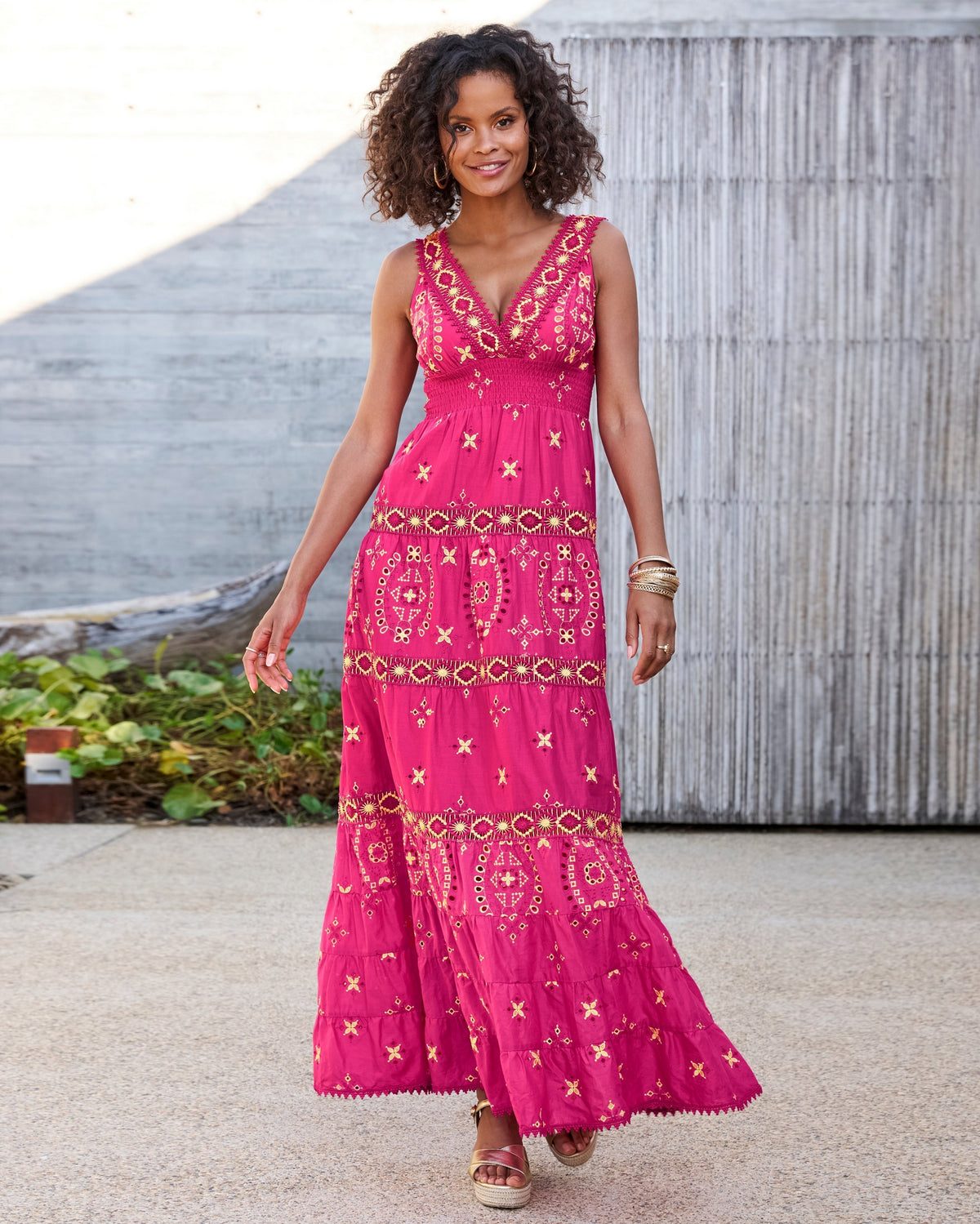 Metallic Lace-Inset Eyelet Maxi Dress Pink/Gold