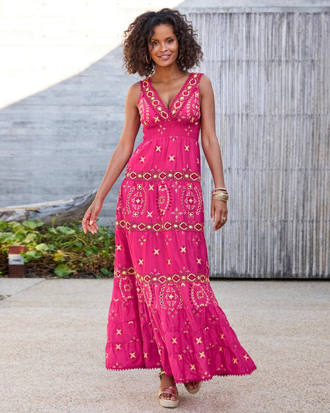 Metallic Lace-Inset Eyelet Maxi Dress - Pink/Gold | Boston Proper Metallic Lace-Inset Eyelet Maxi Dress - Pink/Gold | Boston Proper