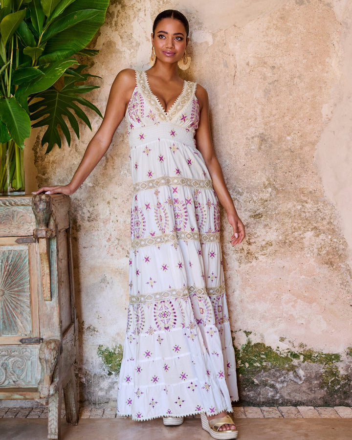 Metallic Lace-Inset Eyelet Maxi Dress White/Purple Multi