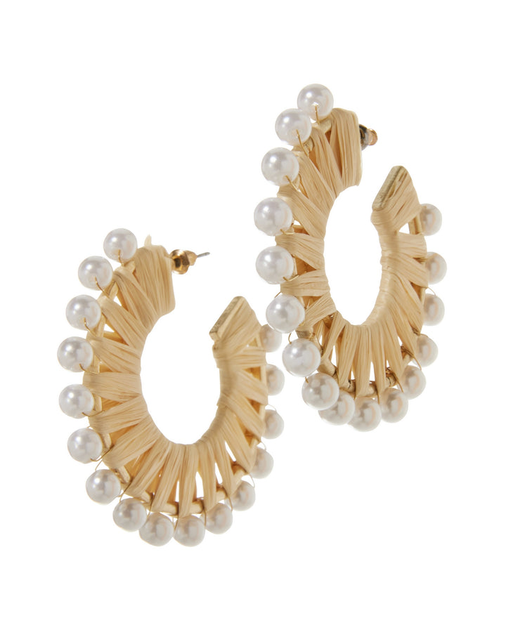 Straw and Pearl Hoop Earrings Natural